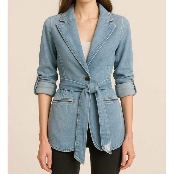 Vintage L’Avion Denim Belted Blazer Jacket Rolled Sleeves Aviator Western Small - Picture 1 of 12